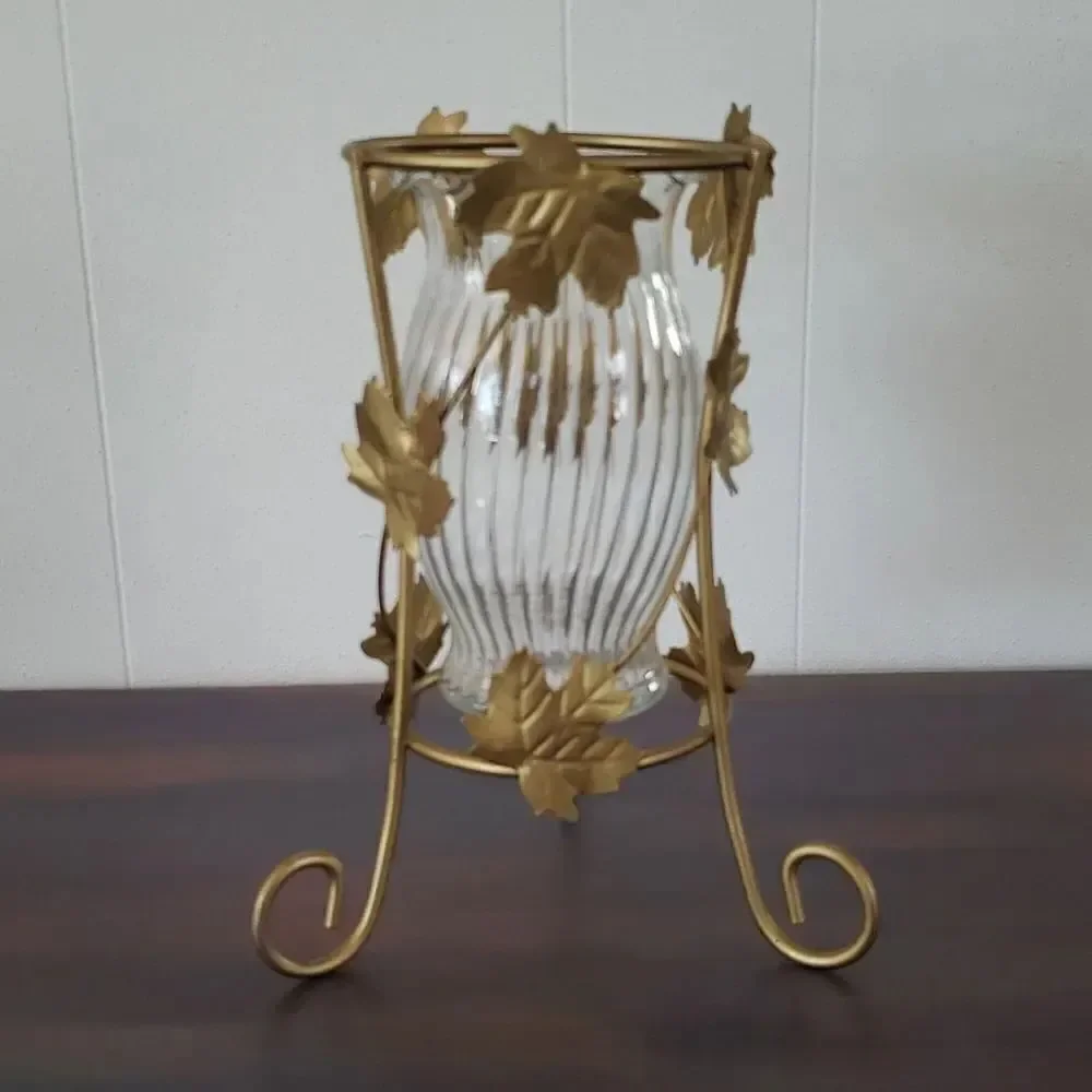 Pretty Gold Stand Leaf Design Vase/Candle Holder with Glass Container